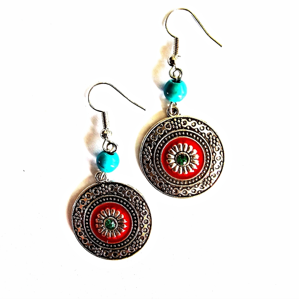 SUNBURST SOUTHWESTERN TURQUOISE SILVER LACE SWING EARRINGS
